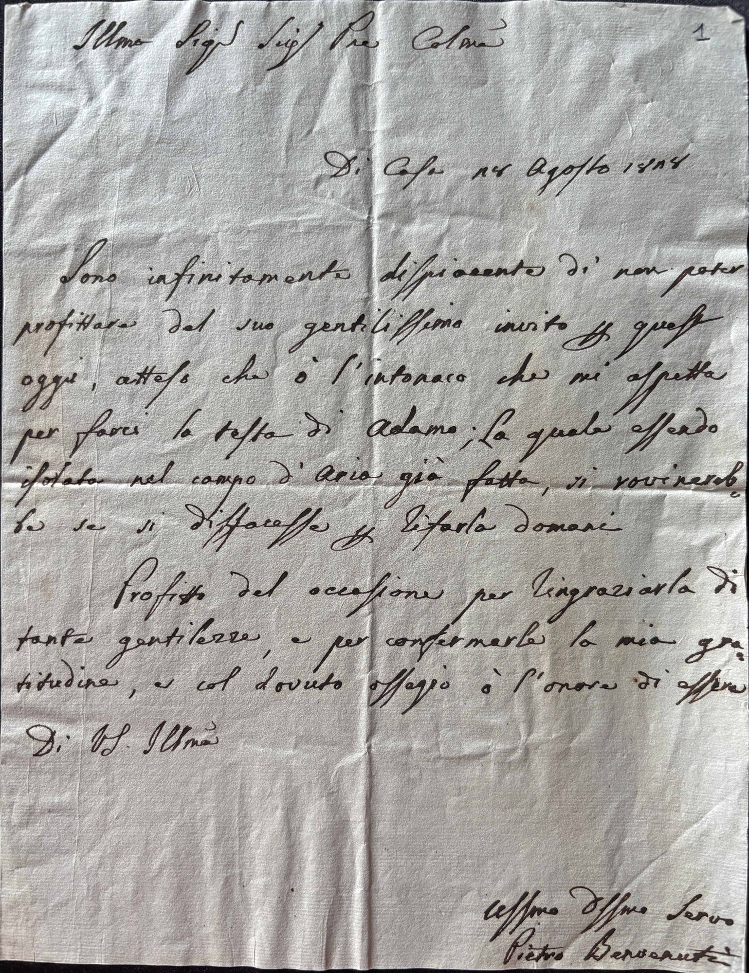 Pietro Benvenuti sua lettera